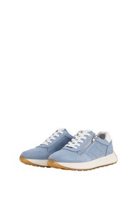 Blauwe suède sneakers met witte accenten, voorzien van veters en een ritssluiting aan de zijkant. Rubberen zolen en geperforeerde details aan de zijkanten.