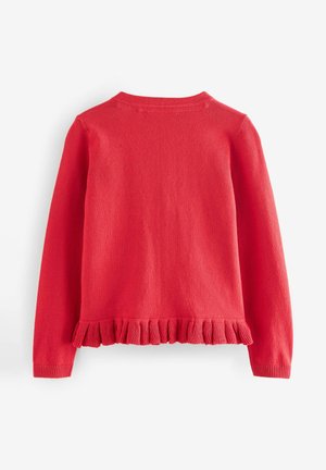 Rode gebreide trui met lange mouwen en een rimpelrand. Het materiaal lijkt zacht, met een gladde textuur en een ronde halslijn.