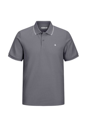 Polo grigio in tessuto strutturato, con colletto classico, rifiniture bianche a contrasto e un piccolo logo sul lato sinistro del petto.