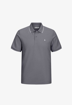 Graues Poloshirt aus strukturiertem Stoff, mit einem klassischen Kragen, kontrastierenden weißen Akzenten und einem kleinen Logo auf der linken Brust.