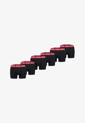 Six pairs of black boxer briefs with red Levi's branded waistbands arranged in a diagonal line on a white background.
