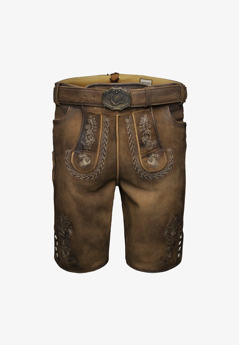 Brown leather lederhosen with intricate embroidery, decorative belt, and side buttons, traditional Bavarian attire.
