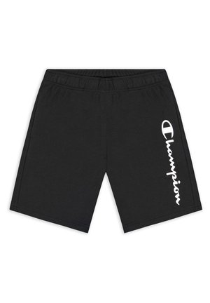 Pantalones cortos de algodón negros con cinturilla elástica, que presentan un texto de logo blanco en vertical en el lado izquierdo. Textura suave, diseño casual.