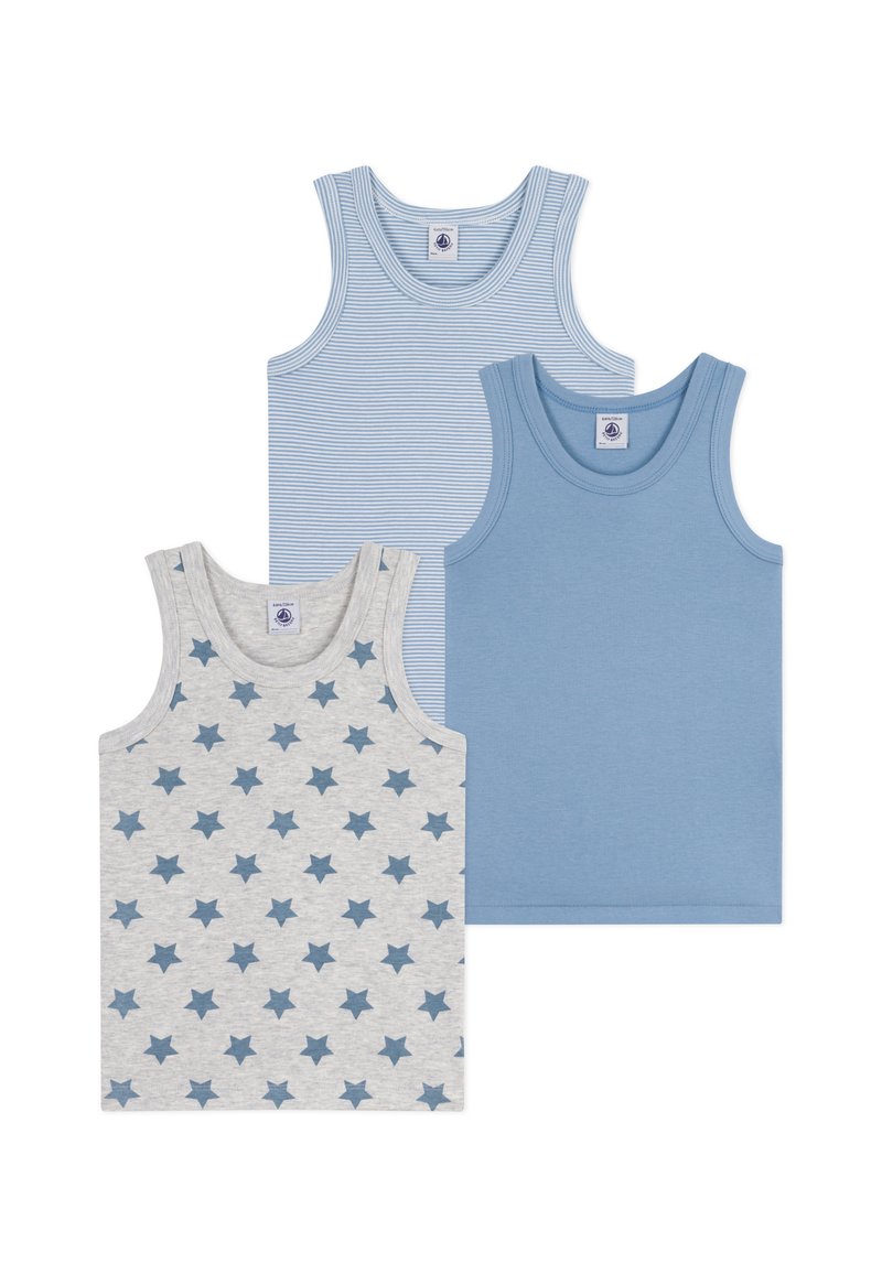 Set of three tank tops: one light blue, one blue striped, and one gray with darker blue stars. Soft cotton fabric with sleeveless design.