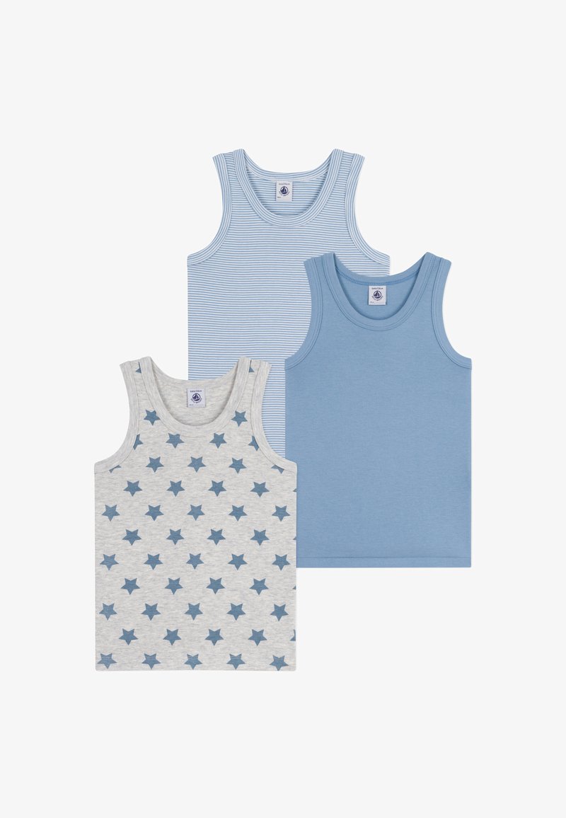 Set of three tank tops: one light blue, one blue striped, and one gray with darker blue stars. Soft cotton fabric with sleeveless design.