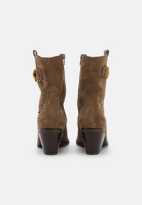 Botas de tobillo de ante marrón con un tacón de madera cónico, que presentan una cremallera lateral y un detalle de hebilla en tono dorado en el lado exterior.