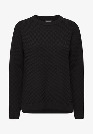 Pull noir en tricot avec un motif texturé, encolure ronde et poignets et ourlet côtelés. Présente une étiquette de marque discrète sur le côté.