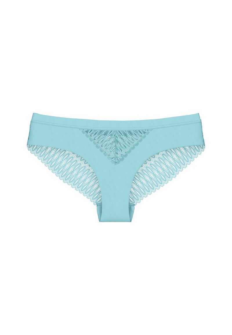 Jasnoniebieska bielizna z gładkiego materiału, z koronkowym wykończeniem na brzegach, z falistym wzorem po bokach.