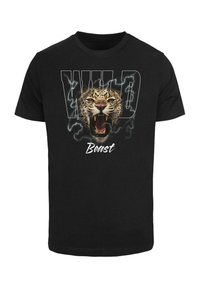 Melnas kokvilnas T-krekls ar grafiku, kurā ir rēcīgs leopardis, un vārdi "WILD" un "Beast" treknajā baltajā tekstā.