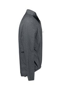 Graue leichte Jacke mit Stehkragen, Reißverschluss vorne und elastischen Bündchen. Der Stoff hat eine glatte Textur und eine leicht reflektierende Oberfläche.