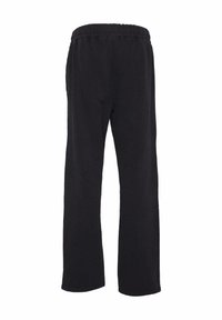 Juoda medvilnės mišinuko kelnių kelnės, turinčios elastingą juosmenį ir tiesių kojų dizainą su lygiu paviršiumi.