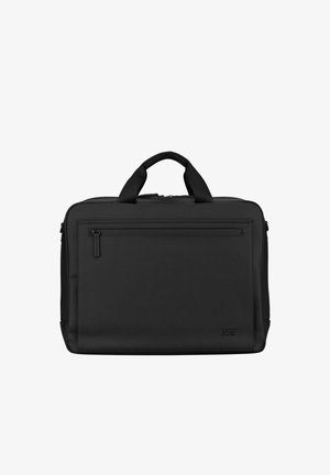 Schwarze Laptoptasche mit zwei Griffen, Front-Reißverschlusstasche und Markenlogo in der unteren rechten Ecke auf weißem Hintergrund.