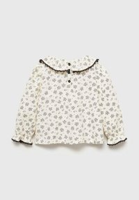 Witte blouse met lange mouwen met zwarte bloemenpatronen, een ronde kraag met kantafwerking en een knoopsluiting aan de achterkant.