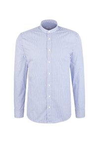 Chemise à manches longues à rayures verticales bleues et blanches, boutonnée sur le devant avec un col montant et des boutons blancs.