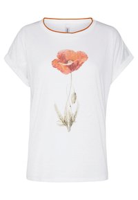 Hvid kortærmet T-shirt med et valmueblomstgrafik i orange og rødt, med en orange kant rundt om udskæringen. Blødt bomuldsstof.