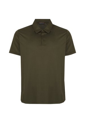 Polo a maniche corte verde oliva con patta a tre bottoni e colletto, mostrata su sfondo bianco.