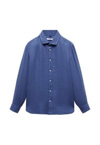 Chemise bleue à manches longues en tissu léger, dotée d'un col boutonné et de boutons sur le devant, avec une coupe droite et un design uni.