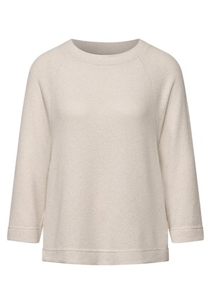 Suéter beige claro con un tejido de punto texturizado, mangas raglán y cuello redondo. Presenta un corte relajado y aberturas en los laterales del dobladillo.