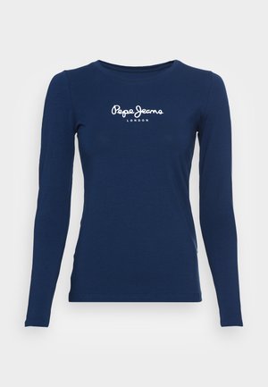 Marineblauwe langemouwen shirt van zacht materiaal met een ronde halslijn en een wit "Pepe Jeans London" logo over de borst.