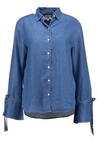 Farkkutakki, vaaleansininen, pitkät hihat, nauhakiinnitys, nappilista edessä, klassinen kaulus, pehmeä rakenne ja viimeistellyt reuna.