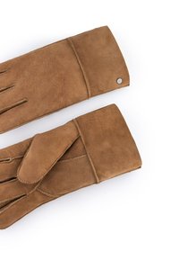 Brown suede gloves with a classic design. Features include five finger openings, a folded cuff, and a silver snap accent.