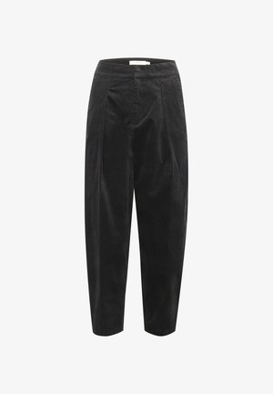 Schwarze Cordhosen mit tailliertem Design, hoher Taille, vorderen Falten und einer glatten Textur. Standardmäßige Gesäßtaschen sind vorhanden.