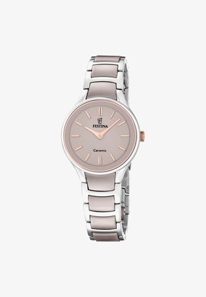 Keramična zapestna ura Festina s srebrno-bež kovinsko zapestnico, bež številčnico, rožnato zlatimi kazalci in označevalci ur, brez številk.