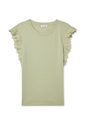 Maglietta corta a maniche con frange di pizzo arricciato sulle spalle, di colore verde chiaro, con scollatura rotonda e tessuto morbido. Senza motivi o accenti aggiuntivi.