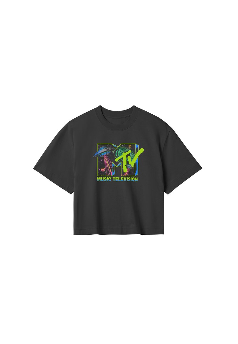 Sort bomulds T-shirt med en afslappet pasform, der har en farverig MTV Music Television grafik på fronten, fremhævet med livlige accenter.