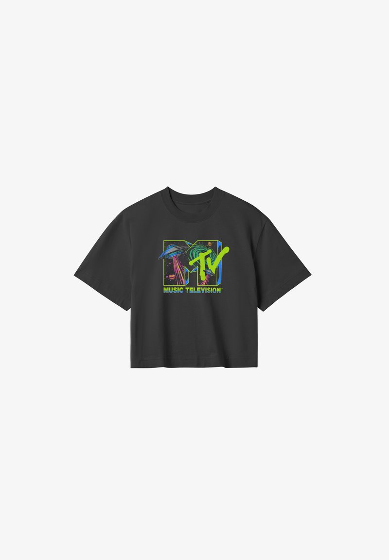 Sort bomulds T-shirt med en afslappet pasform, der har en farverig MTV Music Television grafik på fronten, fremhævet med livlige accenter.
