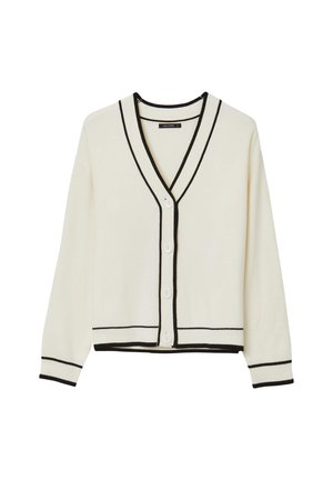 Cardigan crema con rifiniture nere sui polsini, sull'orlo e sulla scollatura a V, con quattro bottoni bianchi sul davanti.