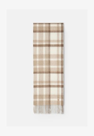 Sciarpa a quadri beige e crema con bordi frangiati, texture morbida e logo tessuto su un'estremità. Forma rettangolare, materiale caldo.