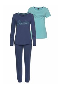 Two-piece set featuring a long-sleeve navy top with "Dreams" text and short-sleeve turquoise top, paired with matching navy pants.