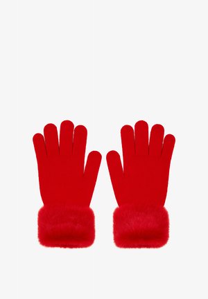 Rote Handschuhe aus Strickmaterial mit weichem, pelzartigem Bündchen. Verfügen über ein fünf-Finger-Design und eine glatte Textur.
