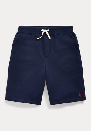 Shorts en coton bleu marine avec une taille élastique, un cordon de serrage blanc et des poches latérales. Présente un petit logo rouge sur la jambe inférieure.