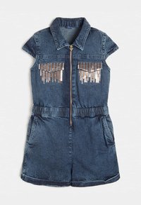 Jeans-Overall mit kurzen Ärmeln, Reißverschluss vorne, zwei dekorativen Taschen mit Pailletten und einem elastischen Taillenbund. Dunkelblauer Stoff mit strukturierter Oberfläche.