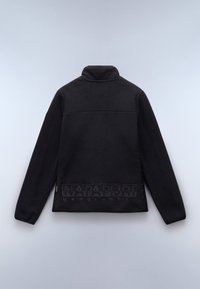 Pullover in pile nero con colletto alto, dotato di un dettaglio logo texturizzato lungo l'orlo. Tessuto liscio e morbido con maniche lunghe.