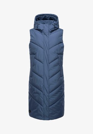 Marineblaue, ärmellose Steppweste mit Kapuze; verfügt über eine Zickzacksteppung, zwei Fronttaschen und verstellbare Zugbänder am Hals.