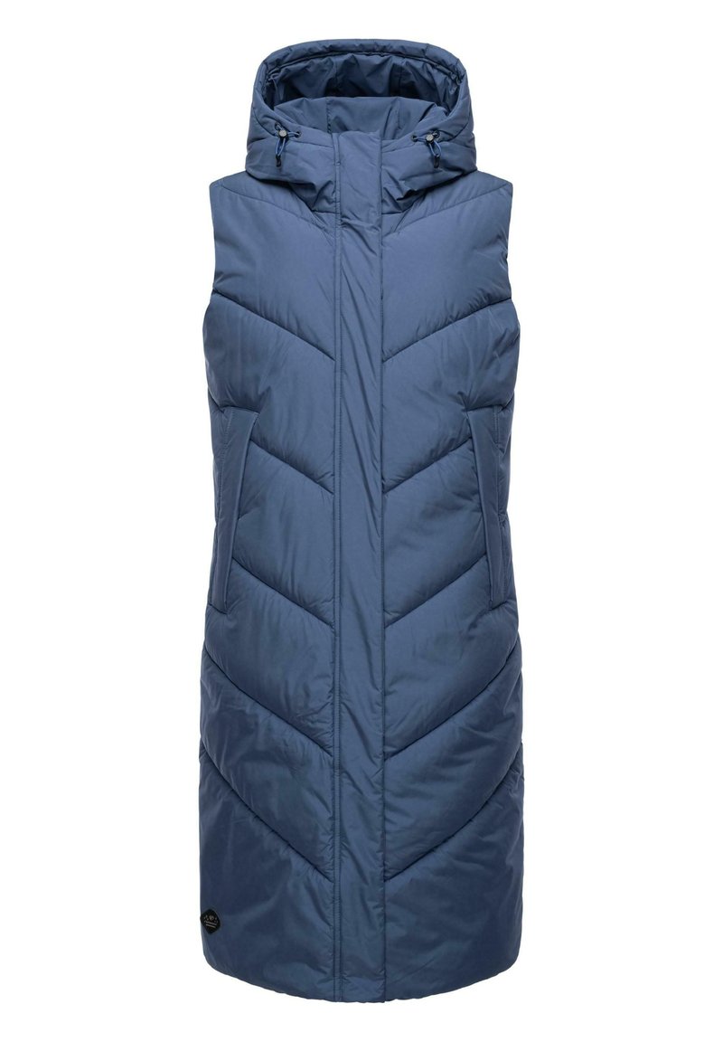 Temno modra, brezrokavna napihljiva jopica s kapuco; vsebuje šivalni vzorec v obliki črke V, dva sprednja žepa in nastavljive vrvi na vratu.