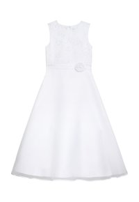 Weißes Kleid mit ärmellosem Design, strukturiertem Oberteil mit Blumenmustern und einem Stoffrosen-Akzent an der Taille. Glockenrock.