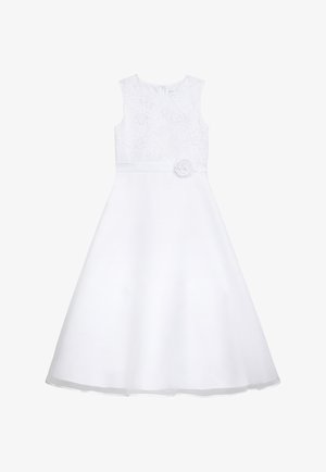 Weißes Kleid mit ärmellosem Design, strukturiertem Oberteil mit Blumenmustern und einem Stoffrosen-Akzent an der Taille. Glockenrock.