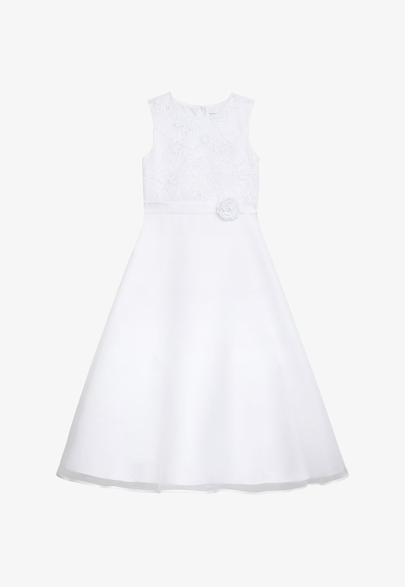 Weißes Kleid mit ärmellosem Design, strukturiertem Oberteil mit Blumenmustern und einem Stoffrosen-Akzent an der Taille. Glockenrock.