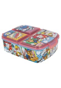Plastic lunchbox met een kleurrijk ontwerp met geanimeerde karakters, een rode deksel en gescheiden compartimenten voor voedselopslag.