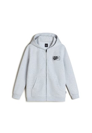 Szara bluza z kapturem zapinana na zamek, wykonana z miękkiego, teksturowanego materiału. Posiada kieszeń kangurka, kaptur oraz nadrukowane logo Vans na lewej piersi.