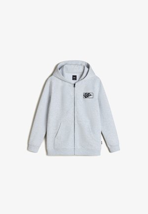 Haut à capuche zippé gris en tissu doux et texturé. Il dispose d'une poche kangourou, d'une capuche et d'un logo Vans imprimé sur la zone gauche de la poitrine.