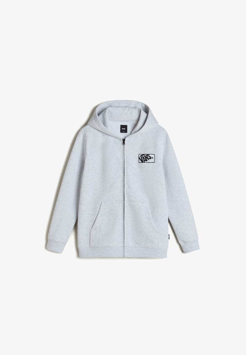 Felpa grigia con zip realizzata in un morbido tessuto texturizzato. Presenta una tasca a canguro, cappuccio e un logo Vans stampato sulla parte sinistra del petto.