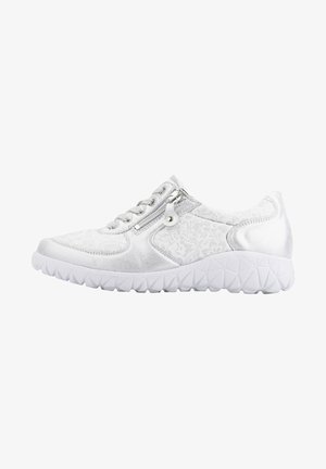 Silver athletic shoe with textured upper, lace-up closure, side zipper, and a white, patterned rubber sole. Features smooth and embossed accents.