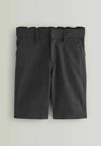 Szare szorty z teksturowanej tkaniny. Posiadają płaski pas i cztery szlufki na pasek, dwa boczne kieszenie oraz prostą nogawkę.