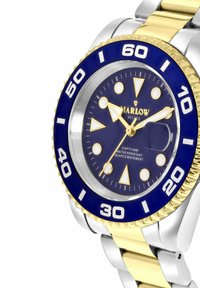 Edelstahlarmbanduhr mit blauer Lünette, goldenen Akzenten und einem dunkelblauen Zifferblatt; verfügt über leuchtende Markierungen und Quarzwerk.