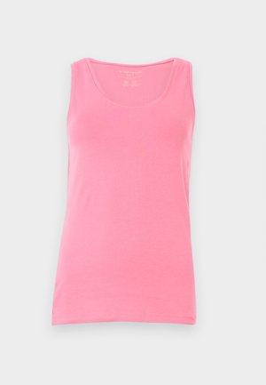 Vaaleanpunainen tanktoppi, joka on valmistettu pehmeästä kankaasta, jossa on avara kaula-aukko ja kapeat olkaimet. Tasainen rakenne, istuva leikkaus ja ilman kuvioita.